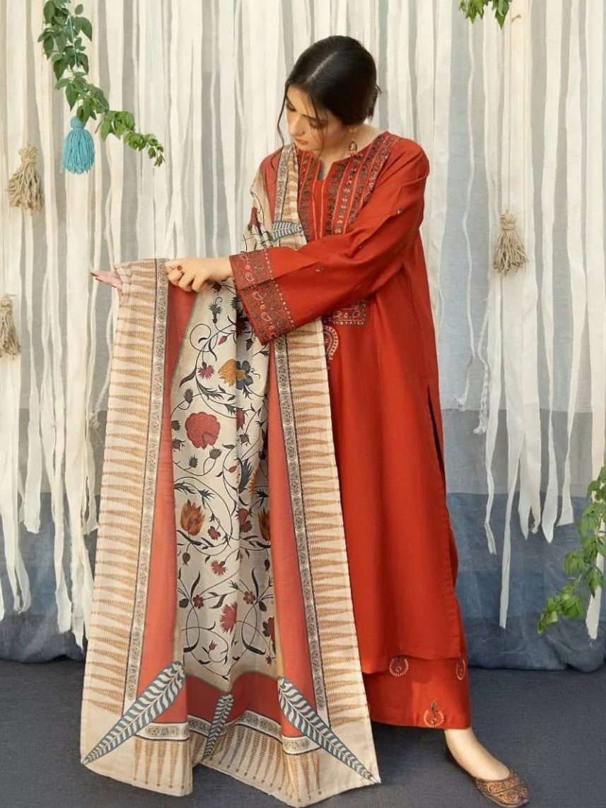 Ayat - 3PC Embroidered Ensemble with Digital Shawl - The Mak's Store